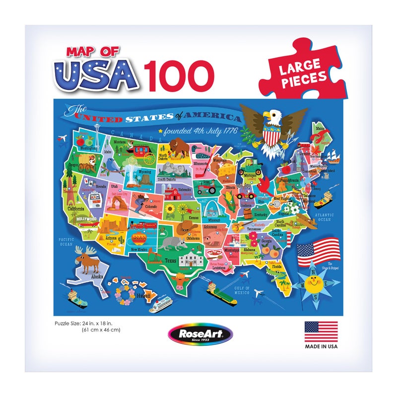 RoseArt Map of USA Puzzle for Kids â€“ 100 Large Pieces, 24" x 18" â€“ Educational United States Puzzle with Fun State Illustrations â€“ Made in USA â€“ Learning Toy for Ages 6+ - Image 2