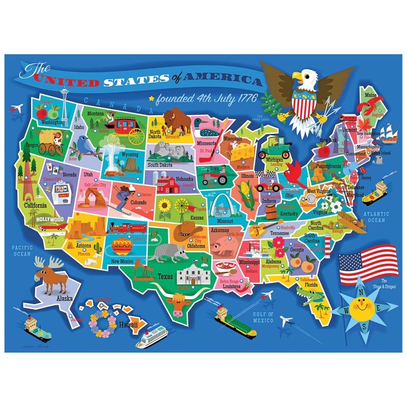 RoseArt Map of USA Puzzle for Kids â€“ 100 Large Pieces, 24" x 18" â€“ Educational United States Puzzle with Fun State Illustrations â€“ Made in USA â€“ Learning Toy for Ages 6+ - Image 1