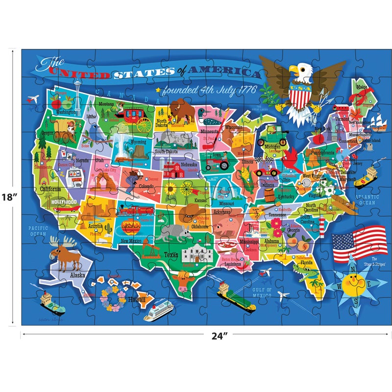 RoseArt Map of USA Puzzle for Kids â€“ 100 Large Pieces, 24" x 18" â€“ Educational United States Puzzle with Fun State Illustrations â€“ Made in USA â€“ Learning Toy for Ages 6+ - Image 3