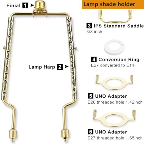 ALUCSET 8 9 10 11 12 inch Lamp Shade Harp Holder, ALUCSET Adjustable Lamp Harp Kit, Fit Both Standard Lamp Rod and E14 E26 E27 Light Base UNO Fitter Adapter Converter Finial Set, Lampshade Bracket - Image 2
