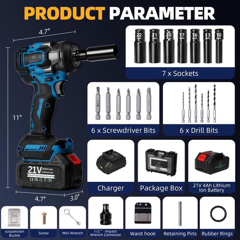 BoltBeast 500 N.m Brushless Impact Wrench with Small Wrench, Waist Hook, 7 Sockets, 6 Scredrivers and 6 Drill Bits 3500 RPM Heavy Duty Impact Drill for Cars, RV, Truck,Home Furniture and DIY Projects - Image 2
