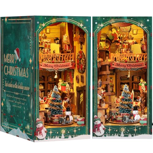 RONSTONE DIY Book Nook Kit Miniature Christmas Dollhouse Kit 3D Wooden Puzzles Booknook with LED Light Model Craft Kits for Adults Bookshelf Insert Decor Birthday Gifts - Image 1
