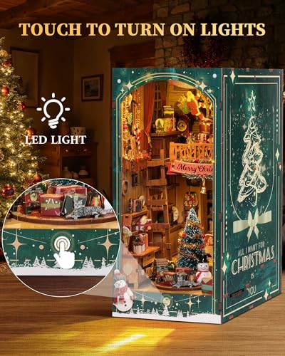 RONSTONE DIY Book Nook Kit Miniature Christmas Dollhouse Kit 3D Wooden Puzzles Booknook with LED Light Model Craft Kits for Adults Bookshelf Insert Decor Birthday Gifts - Image 5