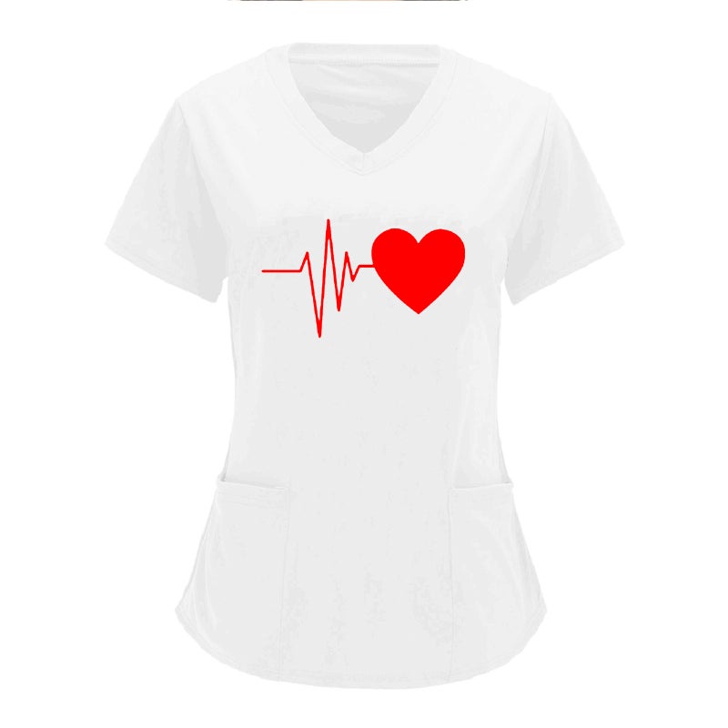 Cross-border European and American Nurses Wear and Care Tooling V-neck Double Pocket Heartbeat Love Printed Shirt Short-sleeved T-shirt plus size White