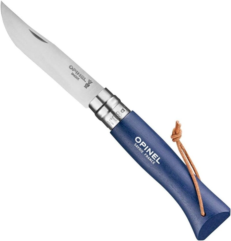 Opinel Colorama Series No. 8 - Stainless Steel Everyday Carry Folding Pocket Knife with Leather Strap, Painted Hornbeam Handles - Image 1