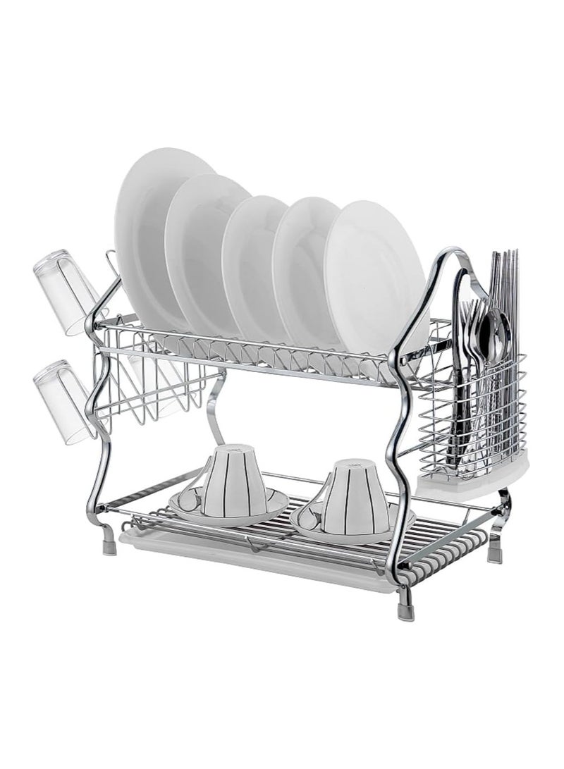 Dish Drying Rack with Drainboard Premium Steel Dishracks for Kitchen Counter Dish Organizer Removable Cup Holder Utensils Holder (2 Tier Silver) - Image 1