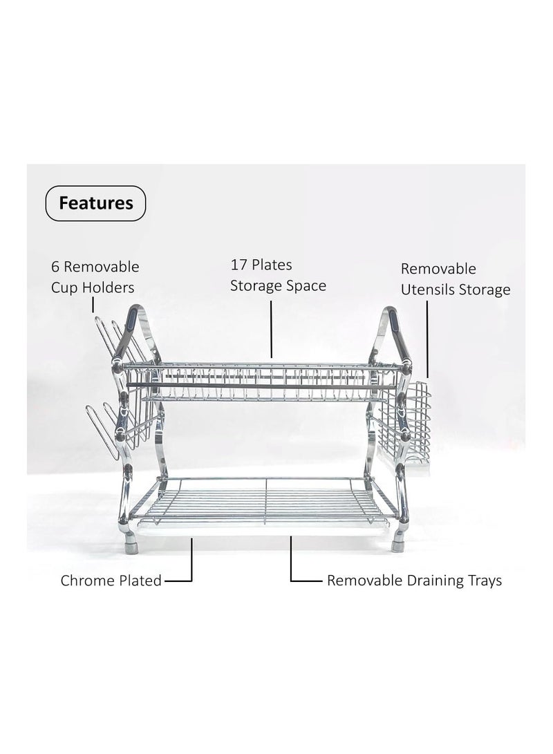 Dish Drying Rack with Drainboard Premium Steel Dishracks for Kitchen Counter Dish Organizer Removable Cup Holder Utensils Holder (2 Tier Silver) - Image 3
