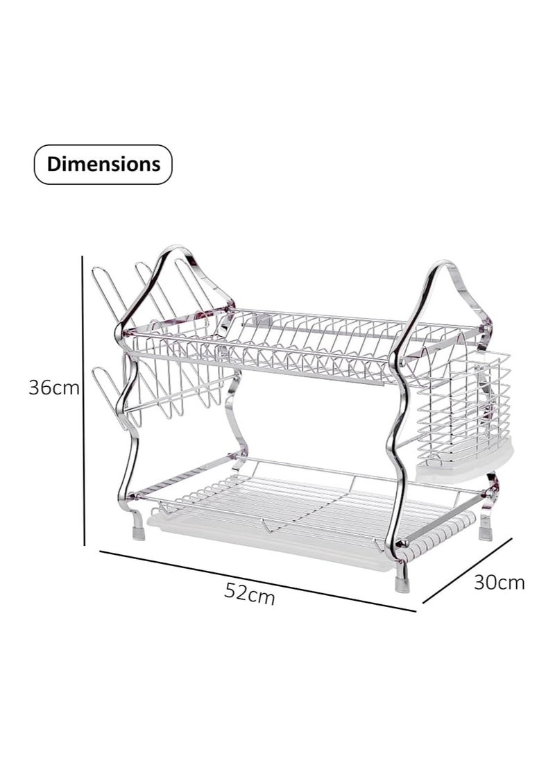 Dish Drying Rack with Drainboard Premium Steel Dishracks for Kitchen Counter Dish Organizer Removable Cup Holder Utensils Holder (2 Tier Silver) - Image 2