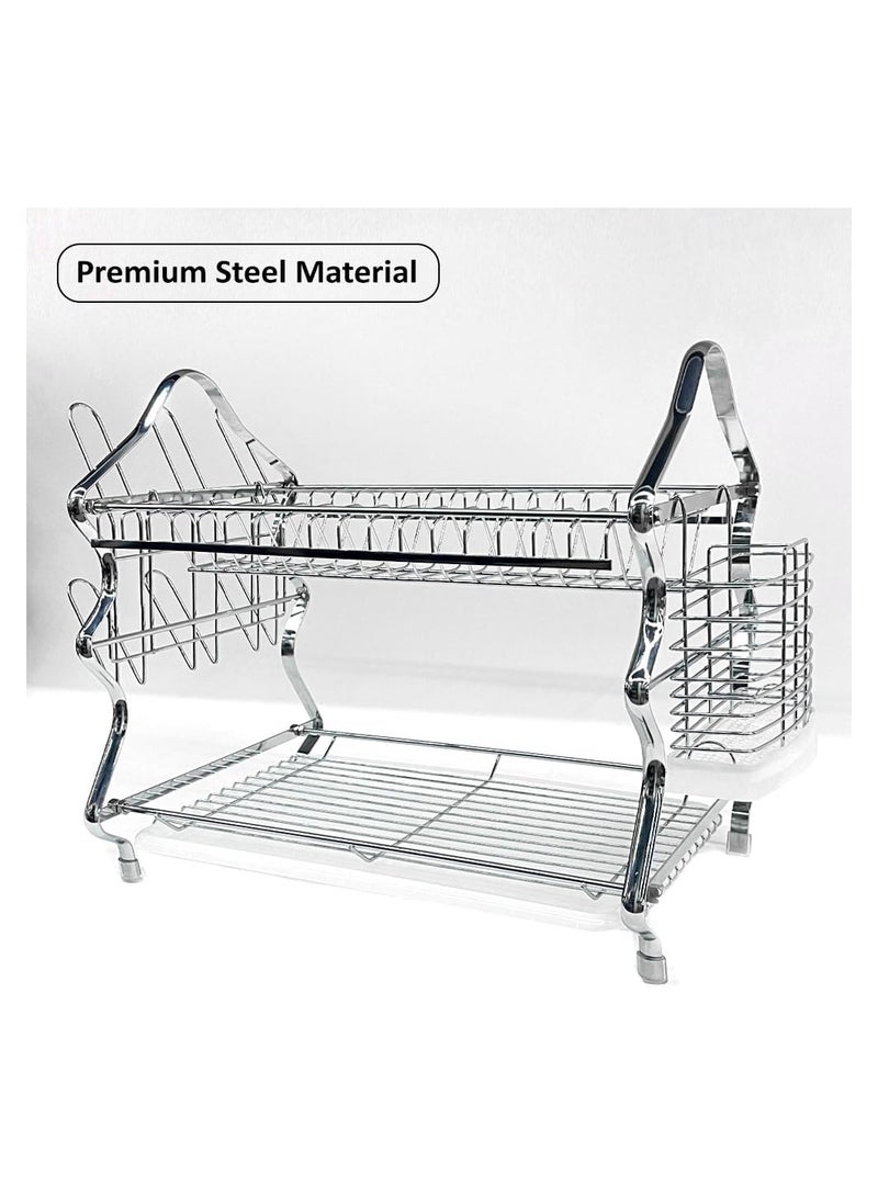 Dish Drying Rack with Drainboard Premium Steel Dishracks for Kitchen Counter Dish Organizer Removable Cup Holder Utensils Holder (2 Tier Silver) - Image 4