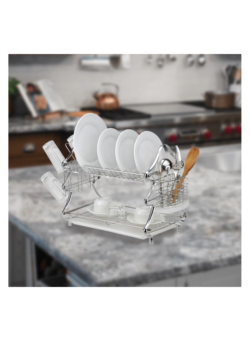 Dish Drying Rack with Drainboard Premium Steel Dishracks for Kitchen Counter Dish Organizer Removable Cup Holder Utensils Holder (2 Tier Silver) - Image 5
