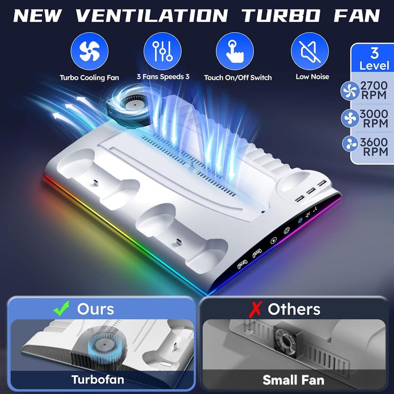 Garlo PS5 Stand with Cooling Station, Controller Charging Station for PlayStation 5 & Slim & Pro Console Disc/Digital Edition - Accessories: Cooling Fan, RGB LED, USB Hubs, Headset Holder, Game Slot - Image 3