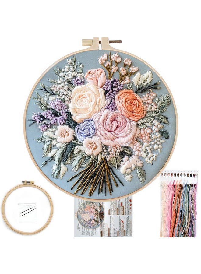 FONNUY Bouquet Flowers Embroidery Kit for Beginners, Pre-Stamped Pattern Kits for Adults with Hoop, Easy to Follow Color Thread Needlework, 8'' Hoop (Captivating Allure) - Image 1