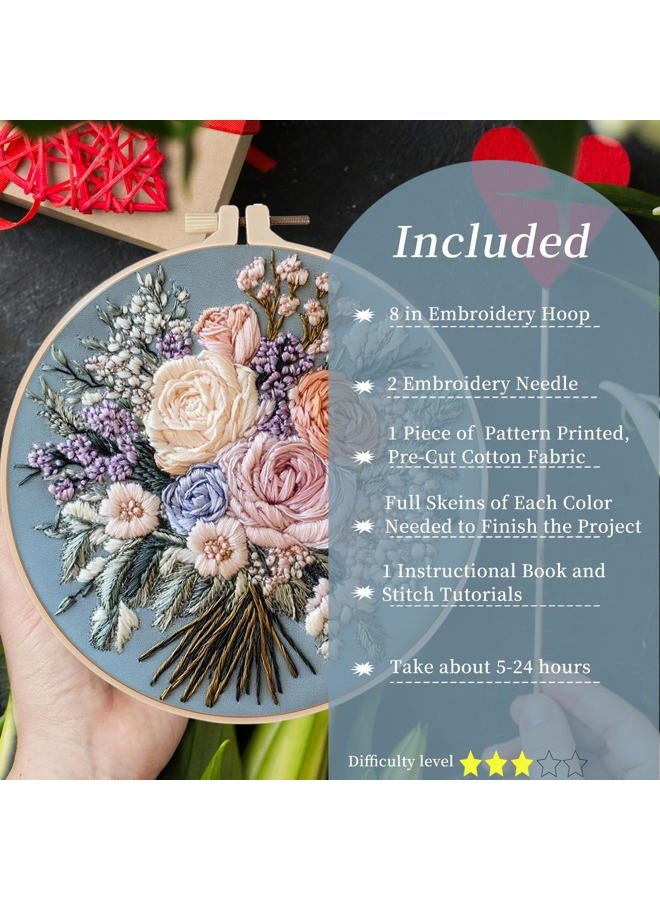 FONNUY Bouquet Flowers Embroidery Kit for Beginners, Pre-Stamped Pattern Kits for Adults with Hoop, Easy to Follow Color Thread Needlework, 8'' Hoop (Captivating Allure) - Image 3