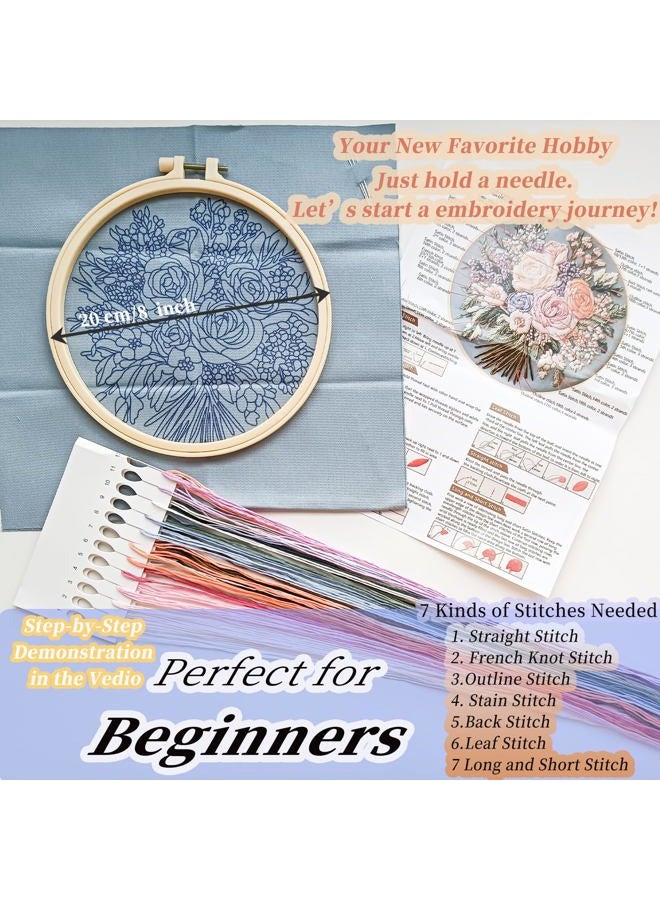 FONNUY Bouquet Flowers Embroidery Kit for Beginners, Pre-Stamped Pattern Kits for Adults with Hoop, Easy to Follow Color Thread Needlework, 8'' Hoop (Captivating Allure) - Image 5