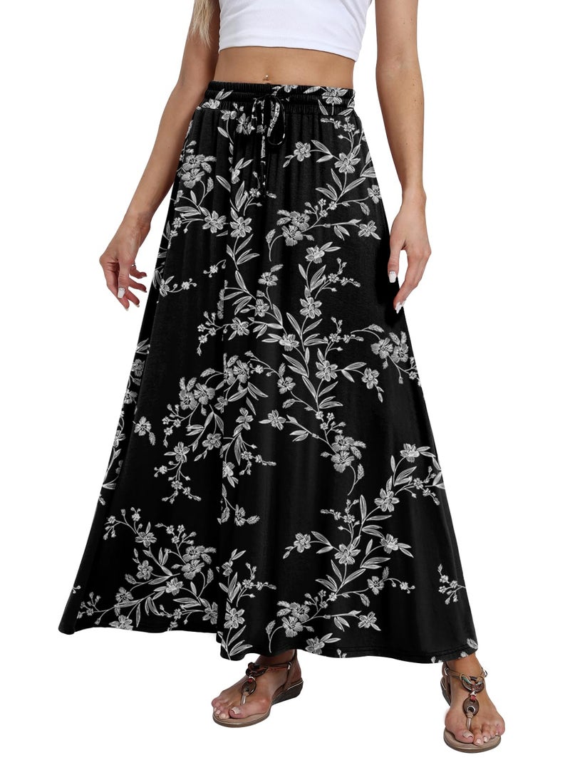 DB MOON Womens Maxi Skirt 2026 Casual Flowy Elastic High Waist Long Skirts with Pockets M Black Floral 03 - Image 3
