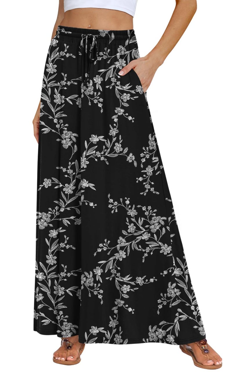 DB MOON Womens Maxi Skirt 2026 Casual Flowy Elastic High Waist Long Skirts with Pockets M Black Floral 03 - Image 1