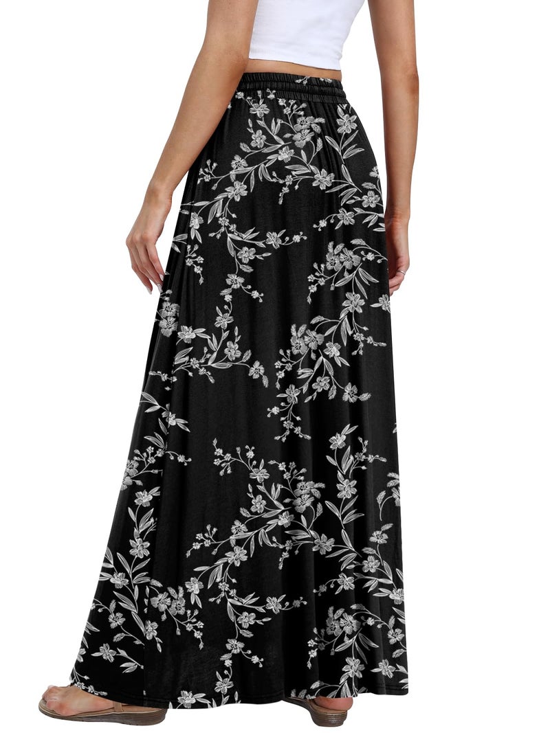 DB MOON Womens Maxi Skirt 2026 Casual Flowy Elastic High Waist Long Skirts with Pockets M Black Floral 03 - Image 2
