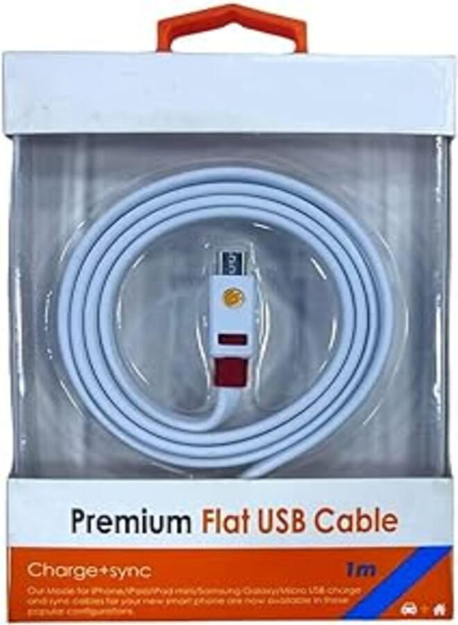Premium Flat Cable For Charging/Fast Data Transfer Micro to USB - 1m Long - White