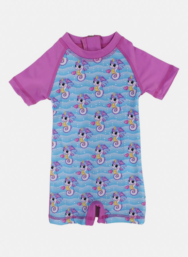 I.Wear I.Wear Baby Girls Swimsuit Overall – Dusty Pink Unicorn Print - Image 1