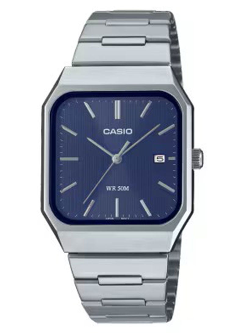 Casio MTP-B185D-2A1V Men's Analog Watch – Stainless Steel Band, Dark Blue Dial, Date Display, Water Resistant