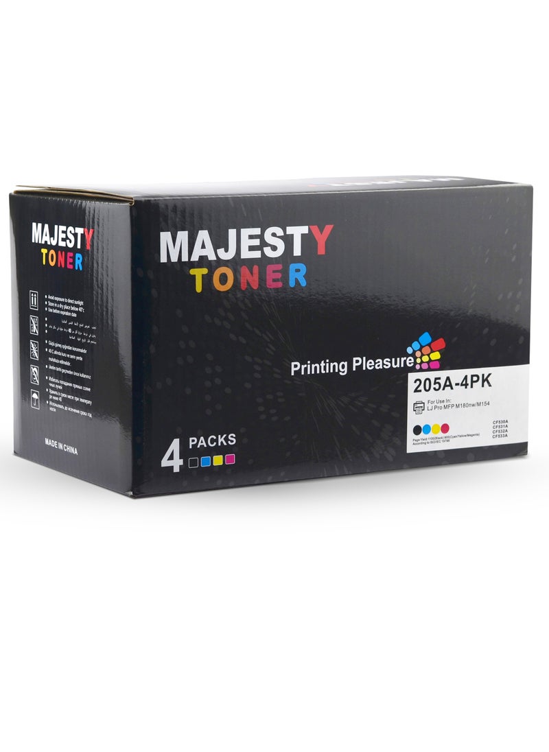 Majesty - Color Toner Cartridge Set 205A CF530A CF531A CF532A CF533A Compatible for HP LaserJet Pro Color MFP M180 M180n M180nw M180fw M181 M181n M181fw HP LaserJet Pro M154A M154NW (4 Colors) - Image 1