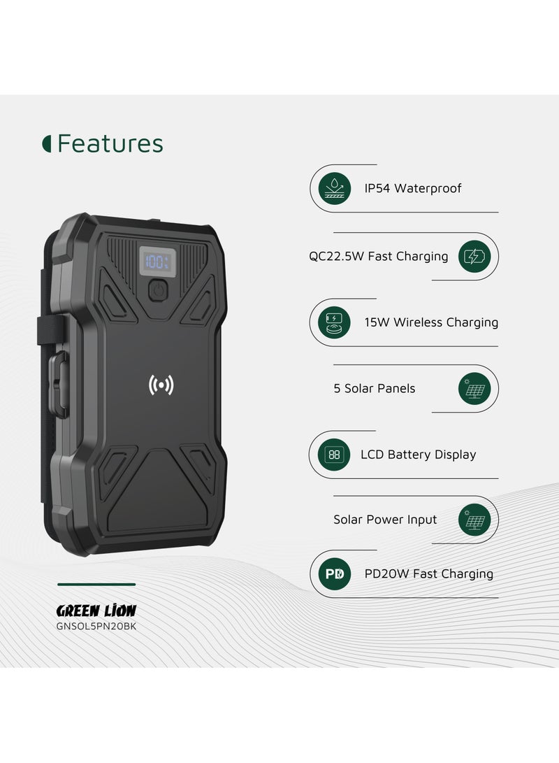 GREEN LION Power Bank Solar 5-Panel 20000mAh with LED Flashlight / 15W Wireless Charging / LCD Battery Display / 150*60mm 4 Extendable Solar Panels / Durable & Reliable for Camping Hiking Travel - Black - Image 2