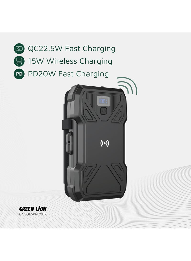 GREEN LION Power Bank Solar 5-Panel 20000mAh with LED Flashlight / 15W Wireless Charging / LCD Battery Display / 150*60mm 4 Extendable Solar Panels / Durable & Reliable for Camping Hiking Travel - Black - Image 3