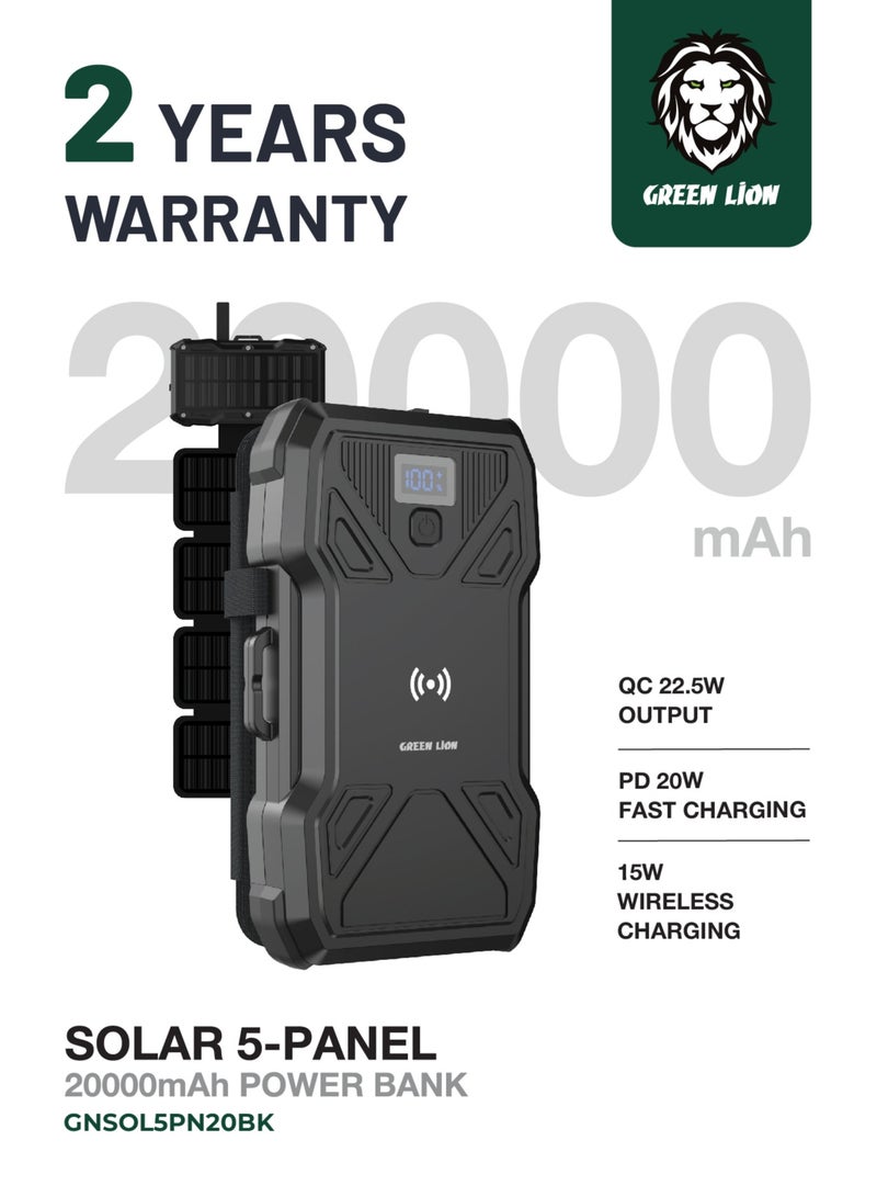 GREEN LION Power Bank Solar 5-Panel 20000mAh with LED Flashlight / 15W Wireless Charging / LCD Battery Display / 150*60mm 4 Extendable Solar Panels / Durable & Reliable for Camping Hiking Travel - Black - Image 1