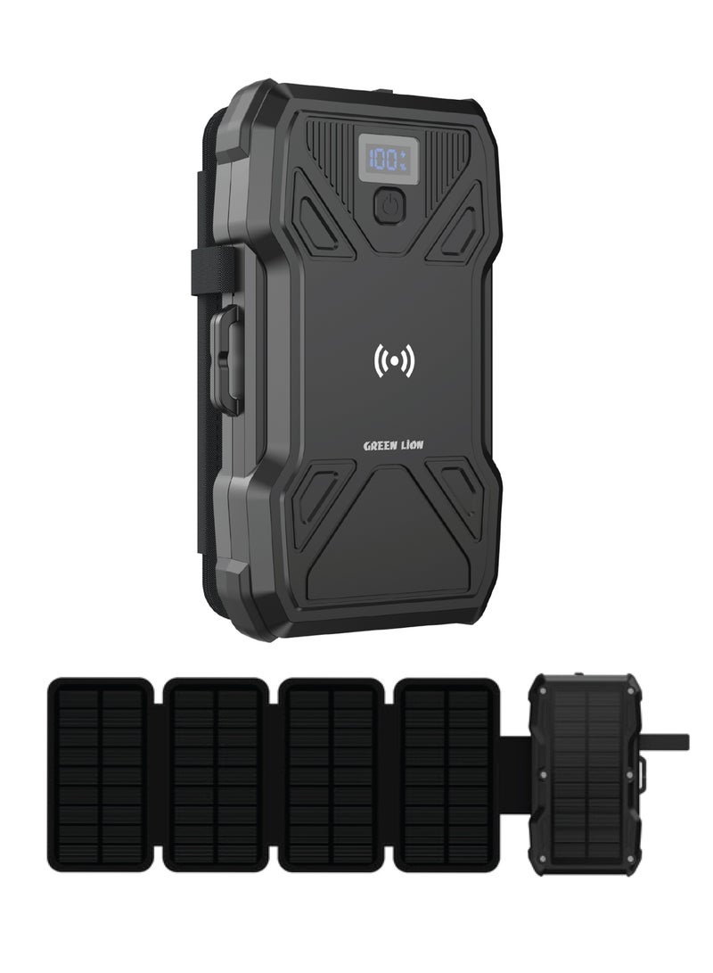 جرين ليون باور بانك شمسي 5-Panel بسعة 20000 مللي أمبير مع مصباح LED، شحن لاسلكي 15W، شاشة LCD لعرض البطارية، 4 ألواح شمسية قابلة للتمديد بمقاس 150*60 مم، متين وموثوق للتخييم، المشي لمسافات طويلة، والسفر - أسود - Image 1