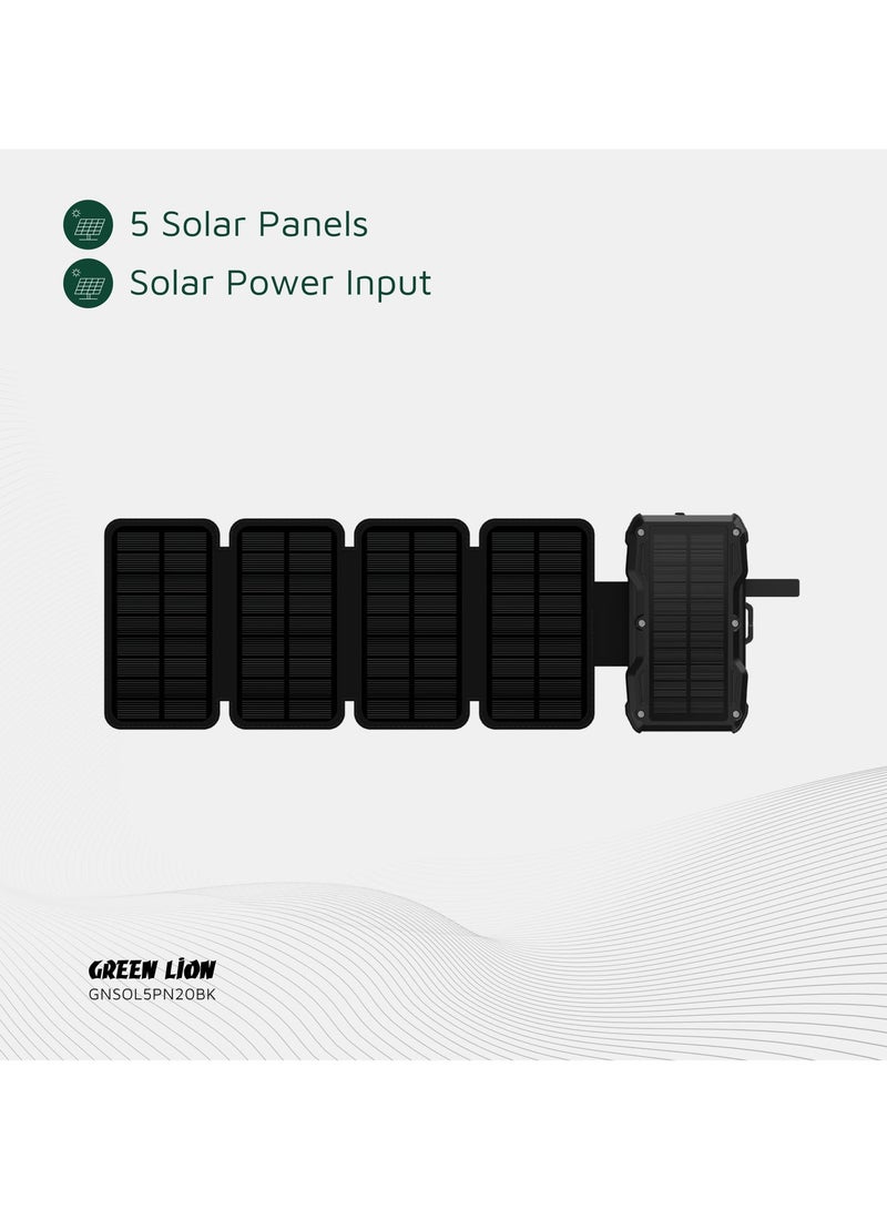 GREEN LION Power Bank Solar 5-Panel 20000mAh with LED Flashlight, 15W Wireless Charging, LCD Battery Display, 150*60mm 4 Extendable Solar Panels, Durable & Reliable for Camping Hiking Travel - Black - Image 5