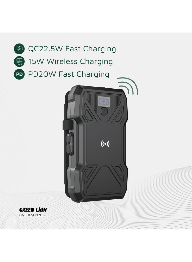 GREEN LION Power Bank Solar 5-Panel 20000mAh with LED Flashlight, 15W Wireless Charging, LCD Battery Display, 150*60mm 4 Extendable Solar Panels, Durable & Reliable for Camping Hiking Travel - Black - Image 3