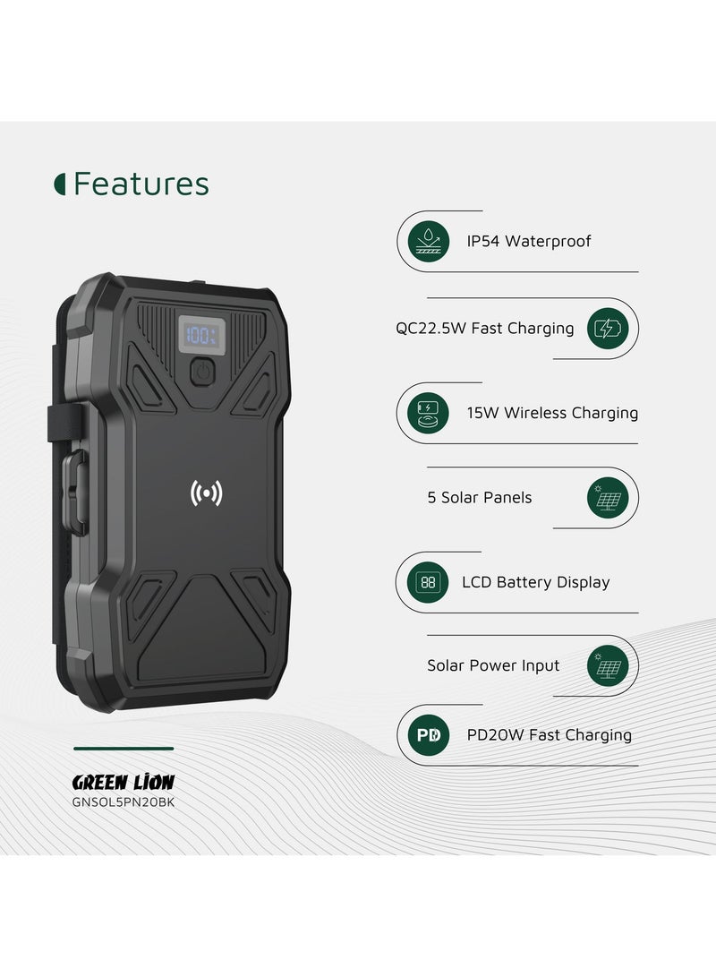 GREEN LION Power Bank Solar 5-Panel 20000mAh with LED Flashlight, 15W Wireless Charging, LCD Battery Display, 150*60mm 4 Extendable Solar Panels, Durable & Reliable for Camping Hiking Travel - Black - Image 2