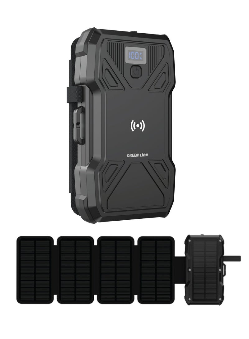 GREEN LION Power Bank Solar 5-Panel 20000mAh with LED Flashlight, 15W Wireless Charging, LCD Battery Display, 150*60mm 4 Extendable Solar Panels, Durable & Reliable for Camping Hiking Travel - Black - Image 1
