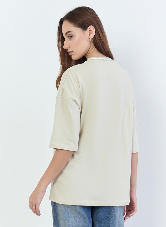 Styli Beige Slogan Embroidered Oversized T-Shirt - Image 5