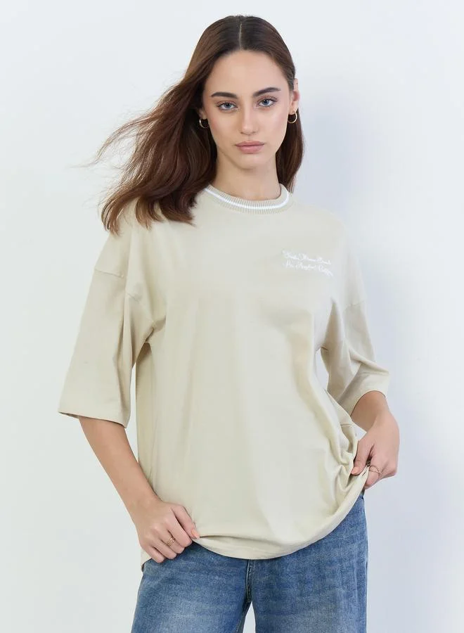 Beige Slogan Embroidered Oversized T-Shirt