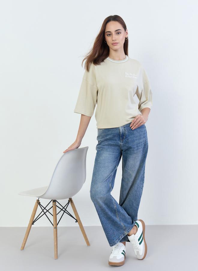 Styli Beige Slogan Embroidered Oversized T-Shirt - Image 3