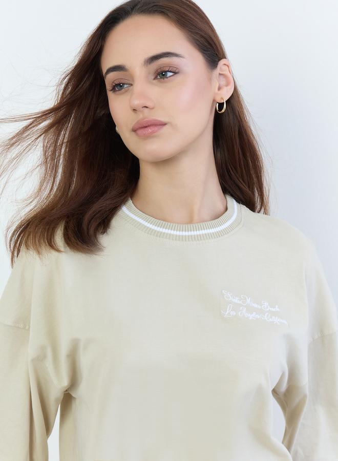 Styli Beige Slogan Embroidered Oversized T-Shirt - Image 4