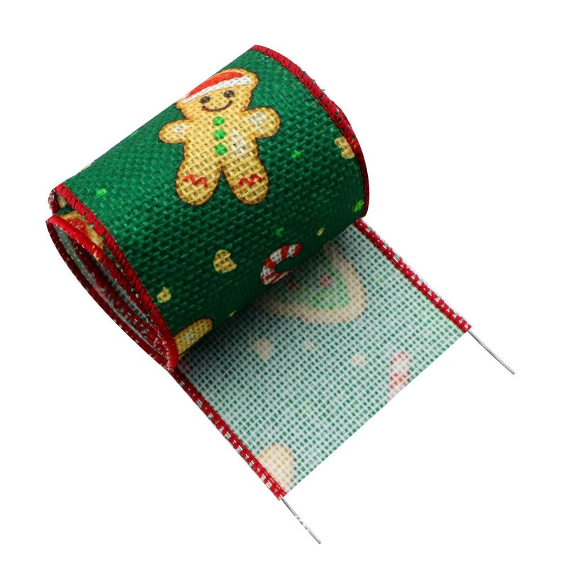 Christmas Burlap Wire Edge Ribbon with Overlock Tape - 5 Yards/Roll - Image 1