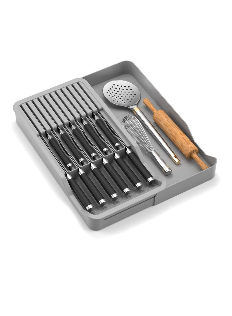 Excefore كتلة سكاكين درج، منظم سكاكين درج المطبخ، حامل سكاكين من مستويين يحمل 11 سكينة مع صينية تخزين قابلة للتوسيع - Image 1