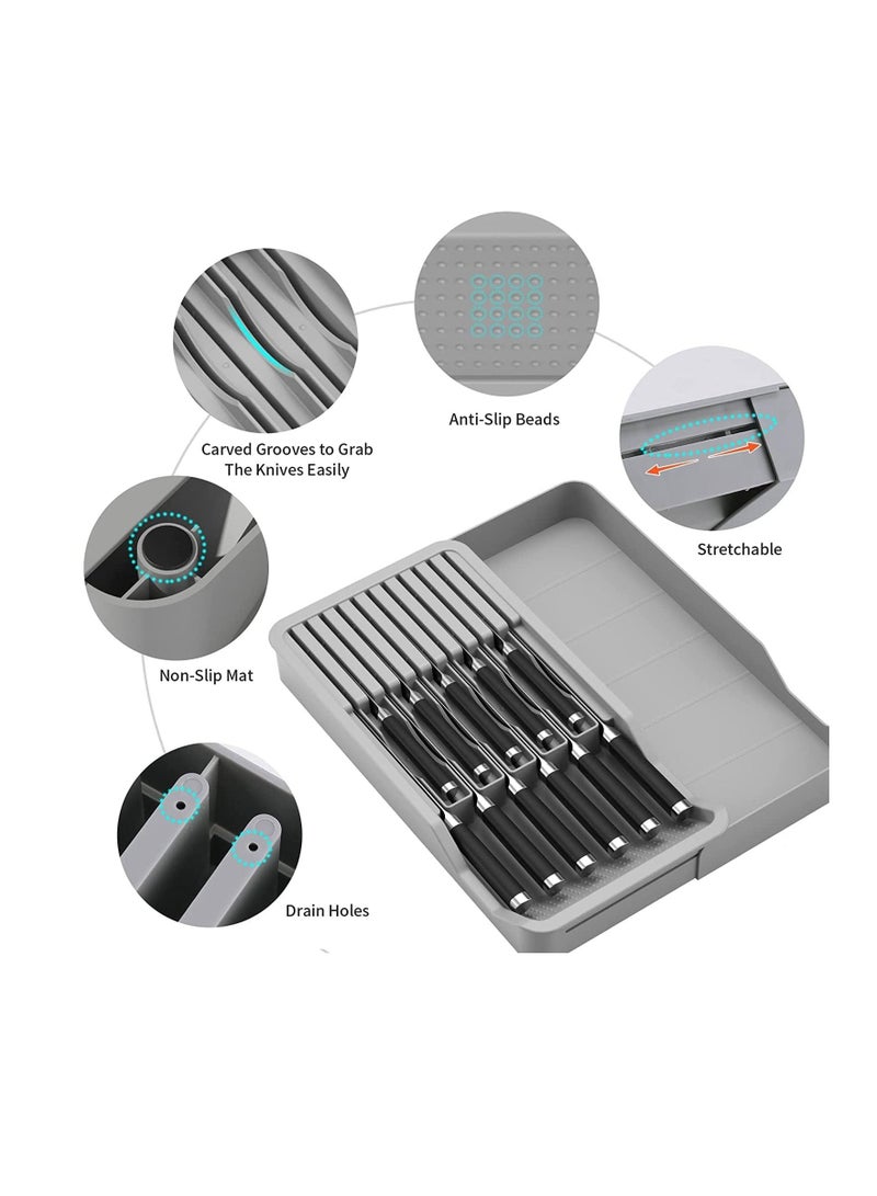 Excefore كتلة سكاكين درج، منظم سكاكين درج المطبخ، حامل سكاكين من مستويين يحمل 11 سكينة مع صينية تخزين قابلة للتوسيع - Image 3