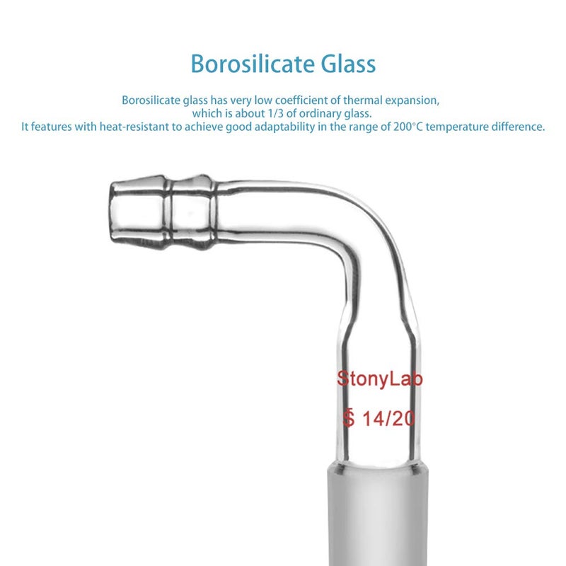 stonylab Glass Bent Inlet Adapter with 14/20 Male Glass Joint and 9 mm Hose Connection Lab Glassware, 1 Pack - Image 2