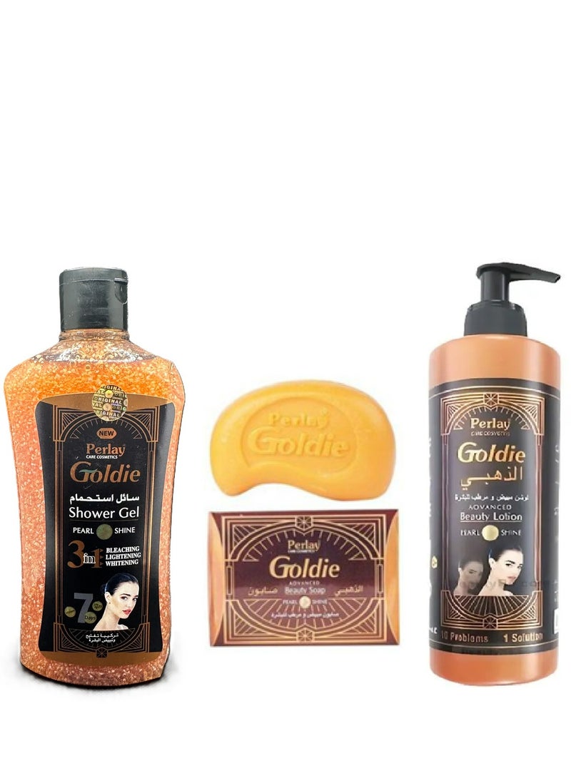 perlay Goldie Complete Skincare Set – Shower Gel Pearl Shine 3-in-1 + Pearl Goldi Beauty Lotion (10-in-1 Solution) + Pearl Goldi Beauty Soap | Radiant Glow & Daily Skin Care