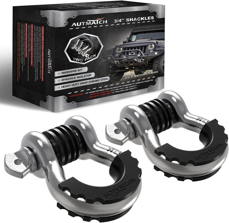 AUTMATCH D Ring Shackle 3/4" Shackles (2 Pack) 41,887Ibs Break Strength, Clevis Shackle with 7/8" Screw Pin and Shackle Isolator Washers Kit for Tow Strap Winch Off Road Vehicle Recovery, Silver - Image 1