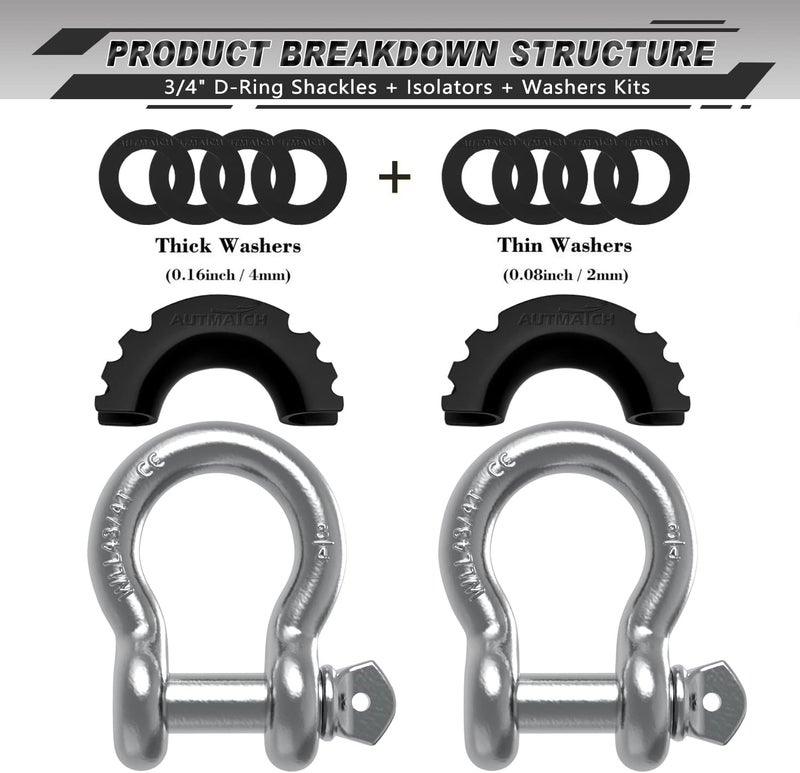 AUTMATCH D Ring Shackle 3/4" Shackles (2 Pack) 41,887Ibs Break Strength, Clevis Shackle with 7/8" Screw Pin and Shackle Isolator Washers Kit for Tow Strap Winch Off Road Vehicle Recovery, Silver - Image 2