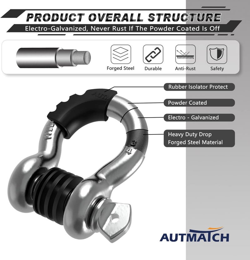 AUTMATCH D Ring Shackle 3/4" Shackles (2 Pack) 41,887Ibs Break Strength, Clevis Shackle with 7/8" Screw Pin and Shackle Isolator Washers Kit for Tow Strap Winch Off Road Vehicle Recovery, Silver - Image 4