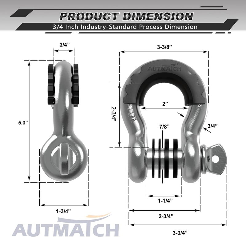 AUTMATCH D Ring Shackle 3/4" Shackles (2 Pack) 41,887Ibs Break Strength, Clevis Shackle with 7/8" Screw Pin and Shackle Isolator Washers Kit for Tow Strap Winch Off Road Vehicle Recovery, Silver - Image 3