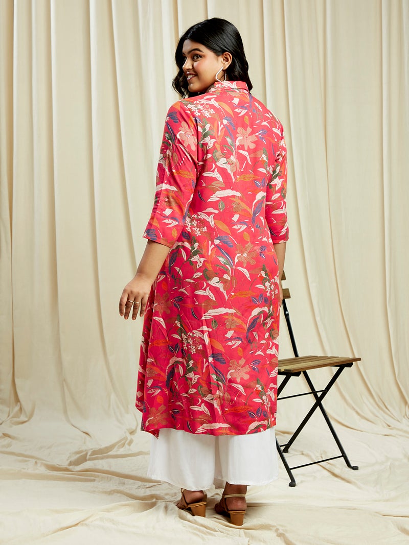 globus Globus Gloplus Women Pink Shirt Collar Floral Print Button Down Straight Plus Size Kurta - Image 3