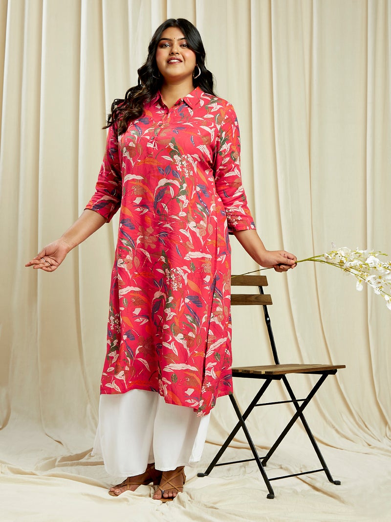 globus Globus Gloplus Women Pink Shirt Collar Floral Print Button Down Straight Plus Size Kurta - Image 1