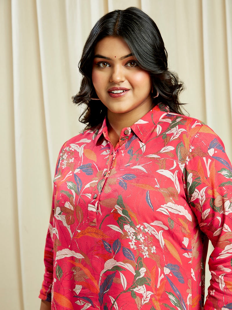 globus Globus Gloplus Women Pink Shirt Collar Floral Print Button Down Straight Plus Size Kurta - Image 5