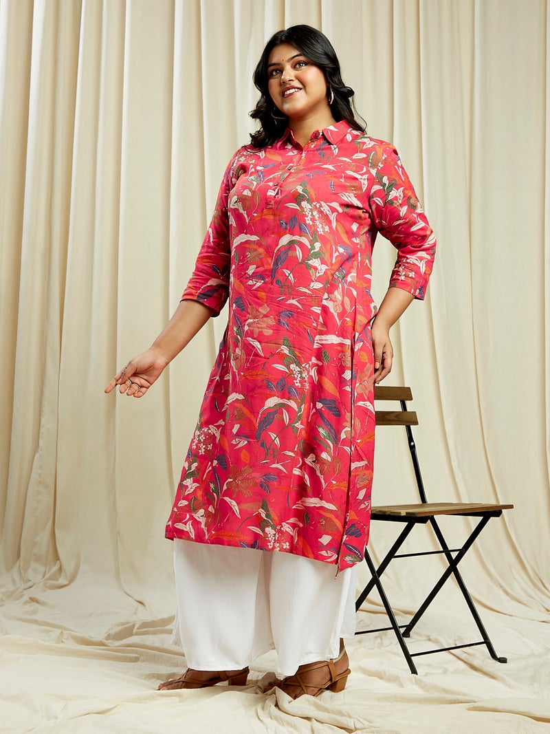 globus Globus Gloplus Women Pink Shirt Collar Floral Print Button Down Straight Plus Size Kurta - Image 2